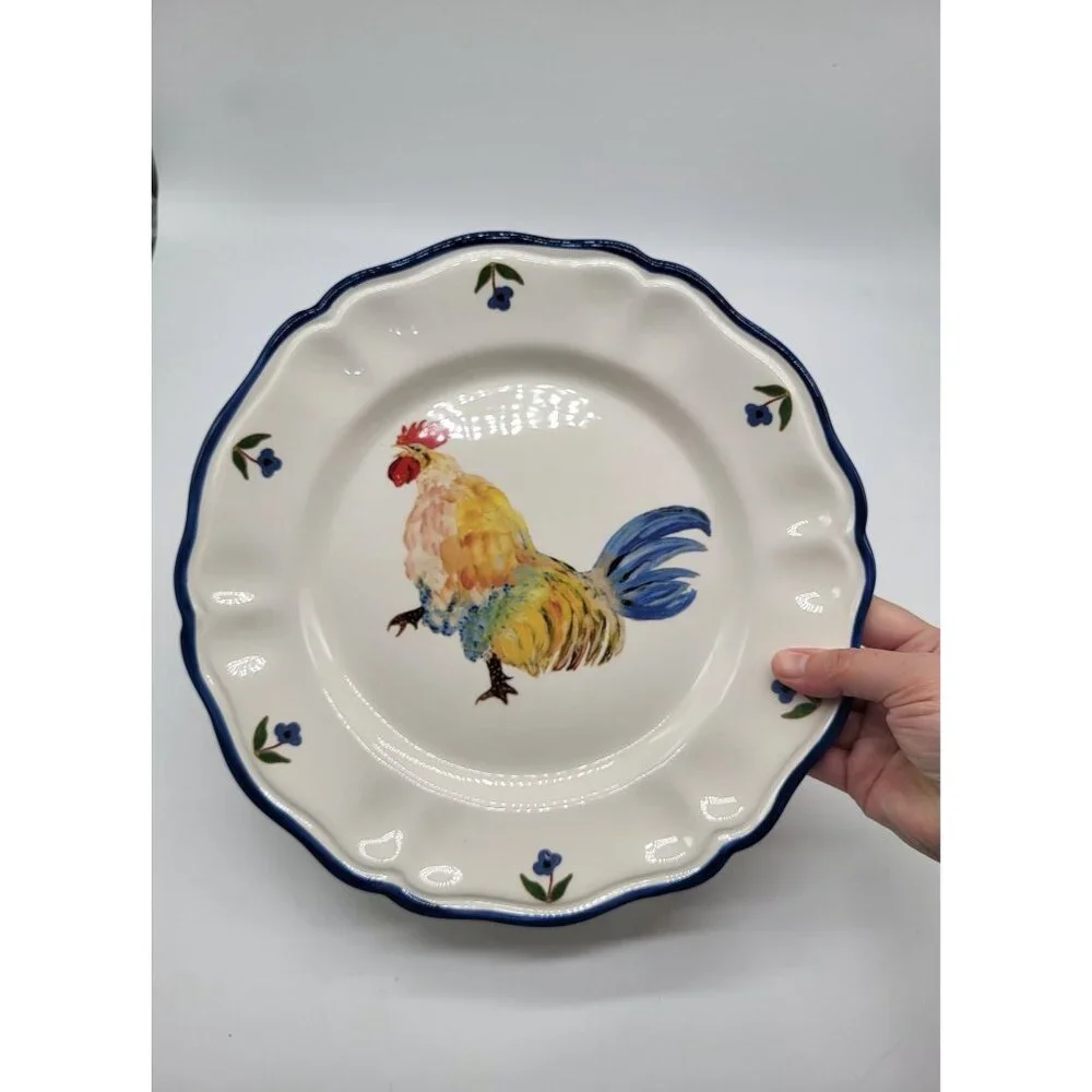 Sur La Table Jacques Pépin Blue Trim Dinner Plate Chickens Rooster Farm Country - Picture 2 of 4